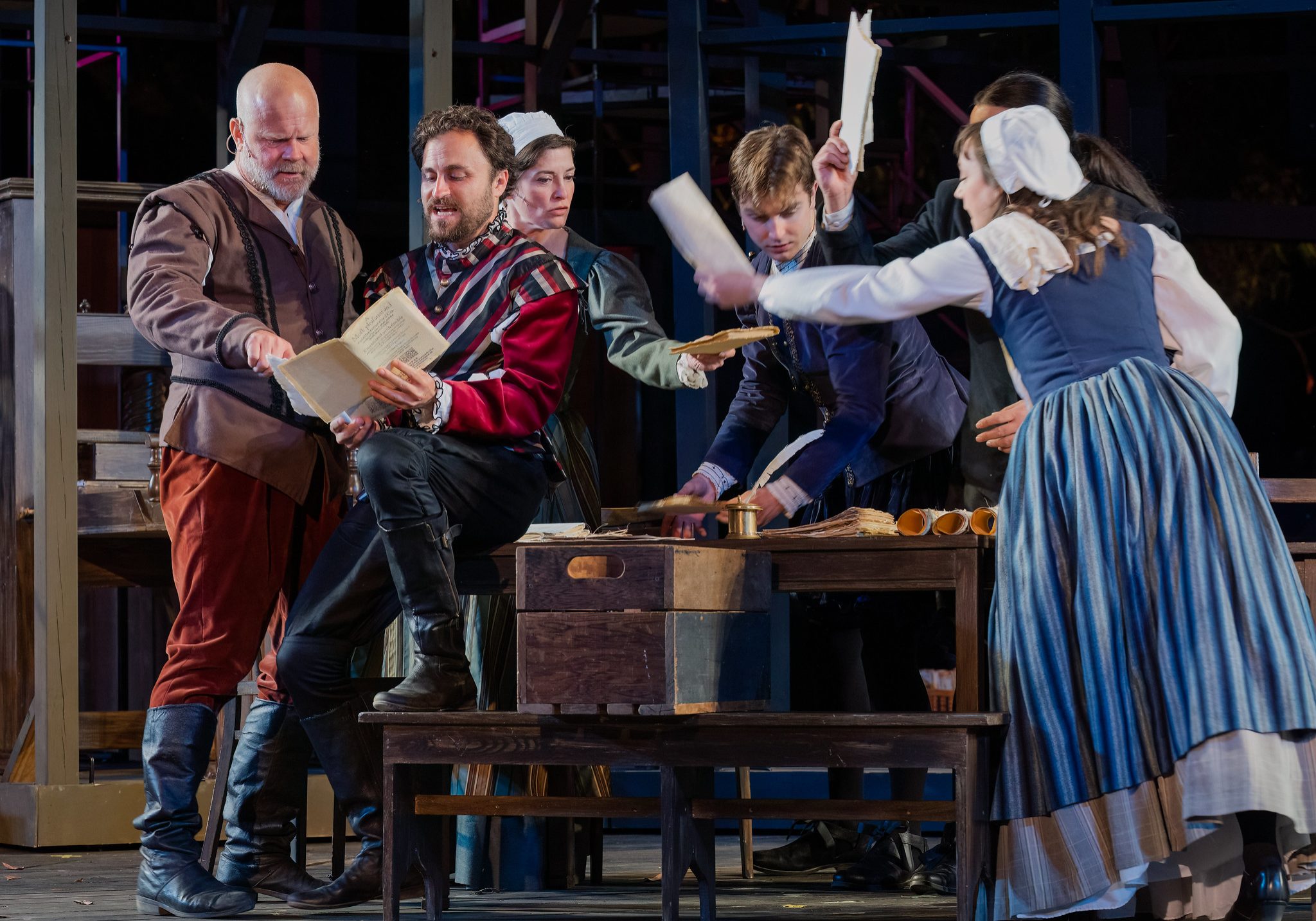 Mike Ryan (Heminges), Charles Pasternak (Condell), Paige Lindsey White (Elizabeth/Emilia), Miles Blue (Ed/Issac), Jono Eiland (Ralph/Barman/Compositor/Francisco), Allie Pratt (Rebecca/Anne) Photo Credit: Kevin Lohman 